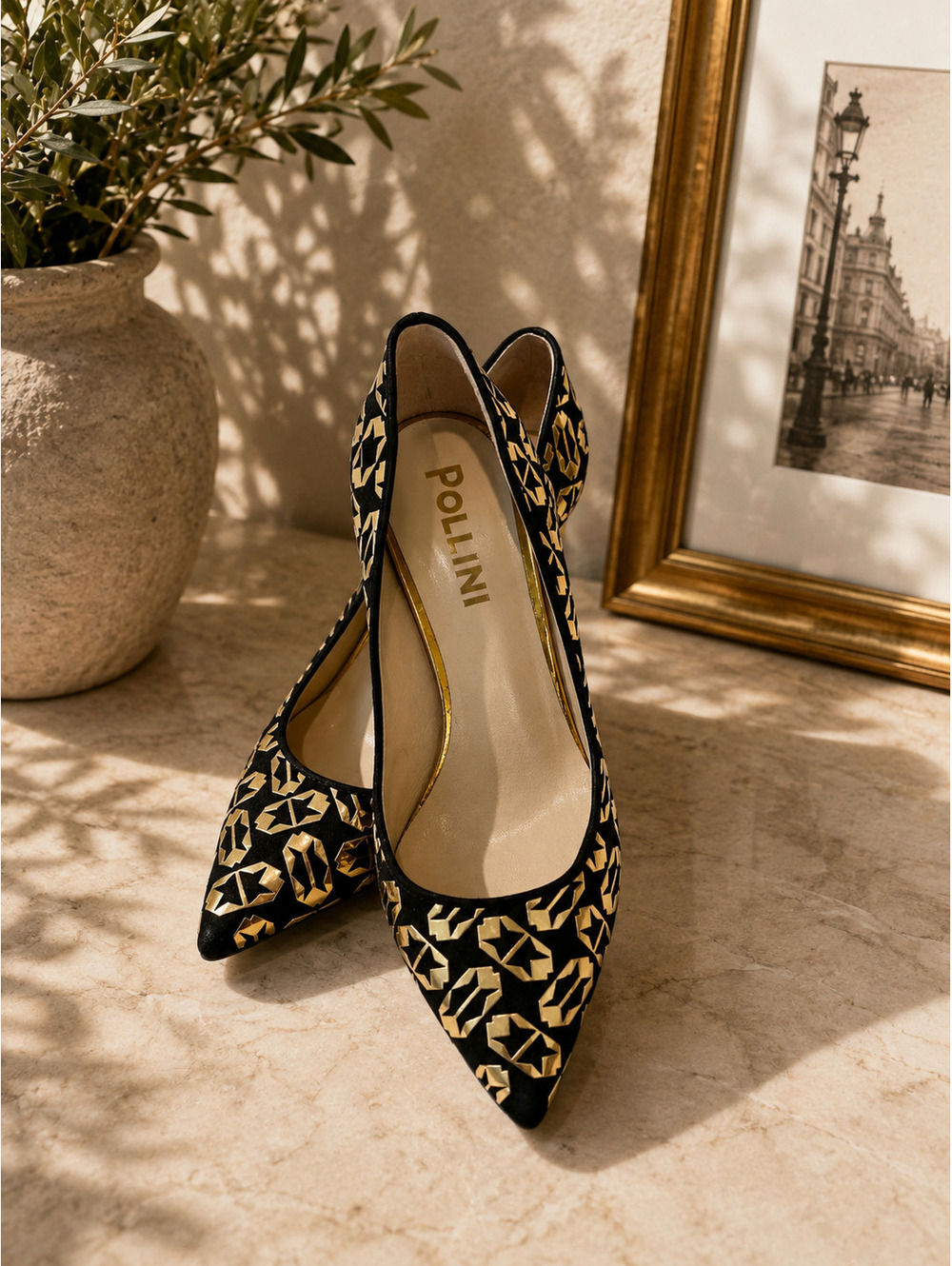 Pollini Gold Geometric Print Pointed Pumps